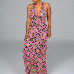 Vintage Halter Maxi Dress Pink Acrylic Floral Print Garden Coverup Hippie Small